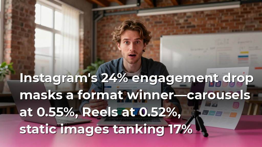 Instagram's 24% engagement drop masks a format winner—carousels at 0.55%, Reels at 0.52%, static images tanking 17%