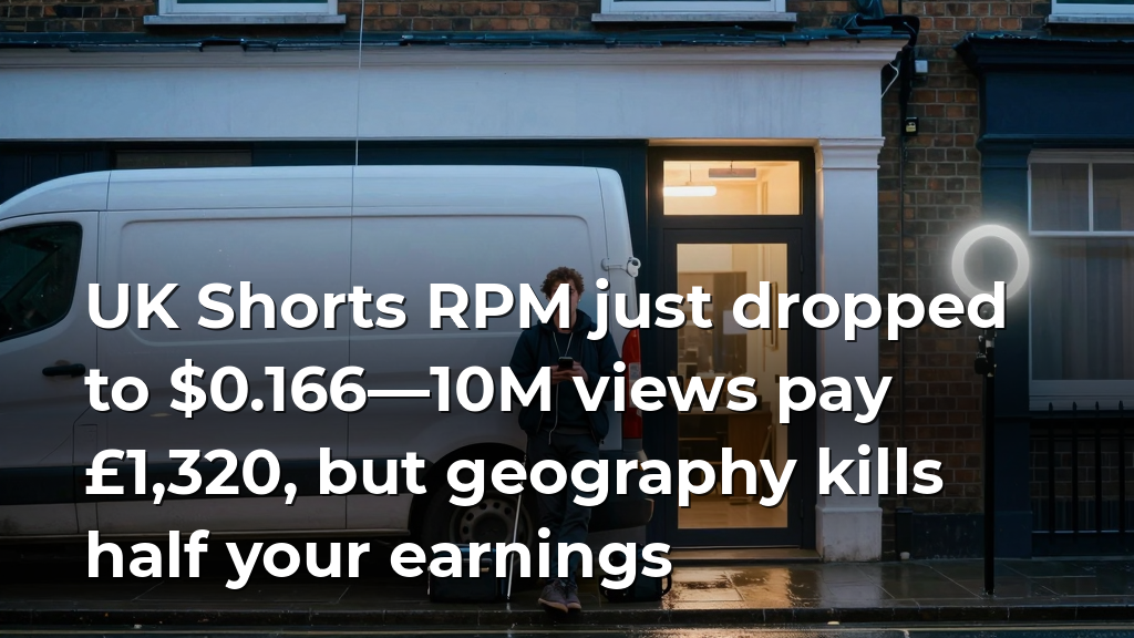 UK Shorts RPM just dropped to $0.166—10M views pay £1,320, but geography kills half your earnings